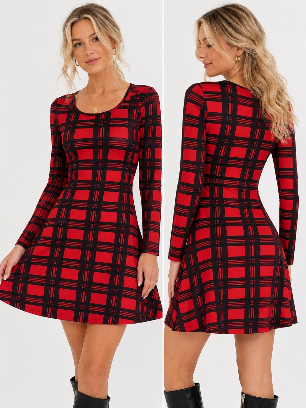 Ruigize Red & Black Plaid Long Sleeve Fit & Flare Dress Size S